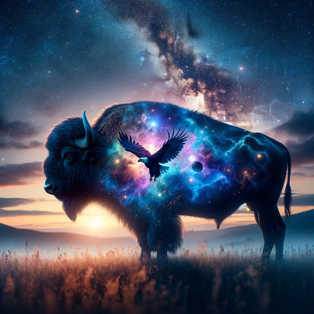 A buffalo filled with stars and an eagle in flight beneath a night sky