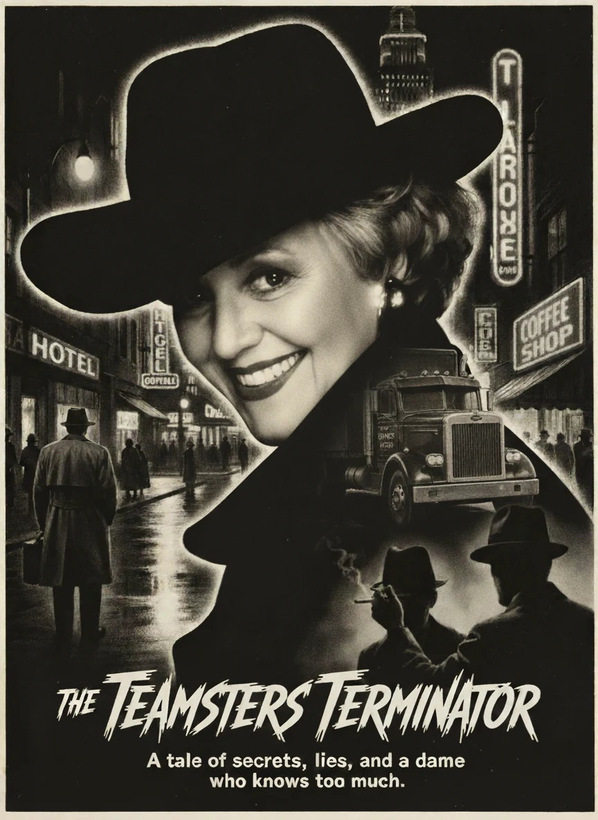 Noir artwork featuring a woman in a hat, a truck, and a city street
