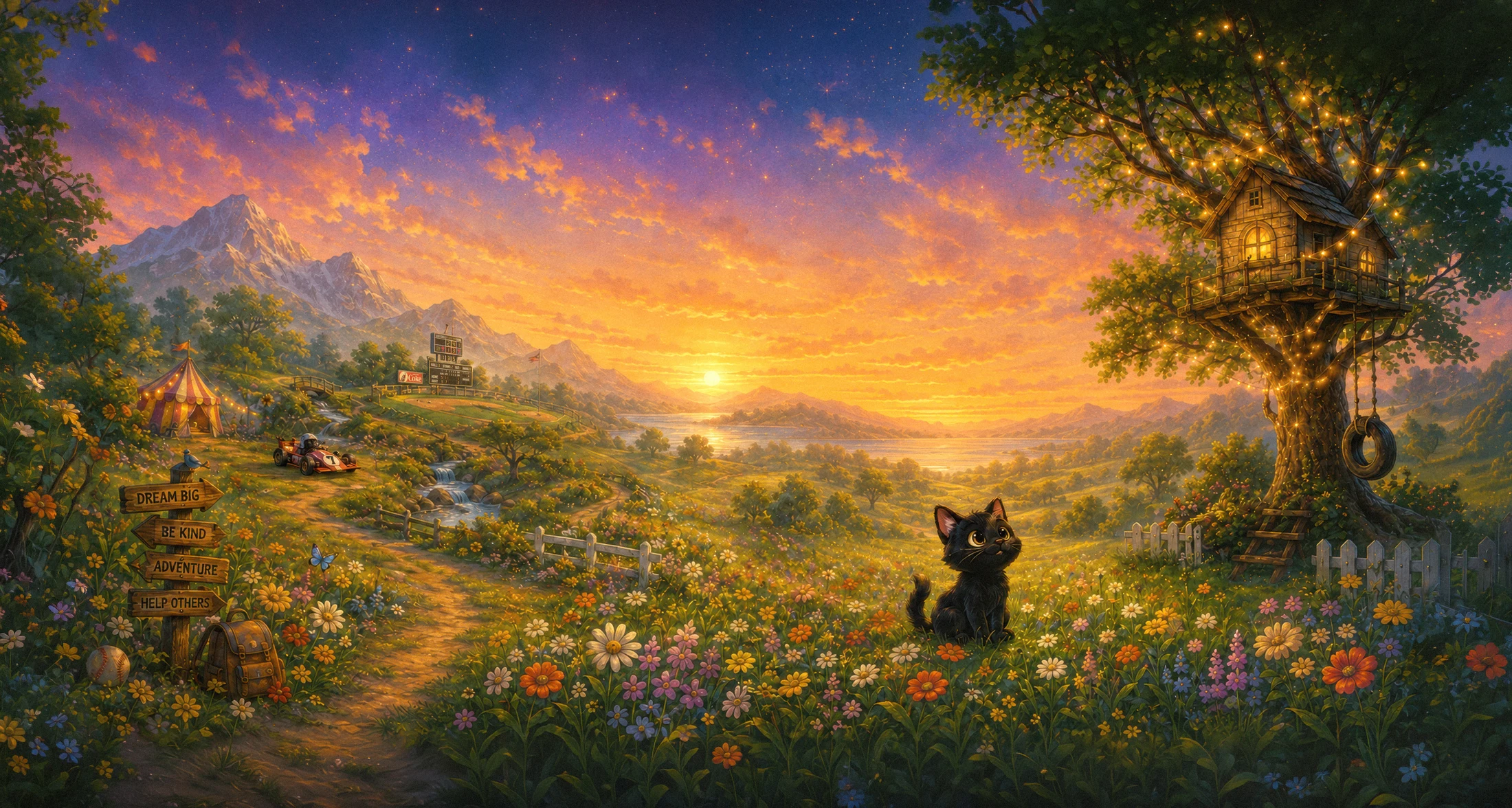 Spirit the black cat beneath a glowing treehouse in a garden at sunset