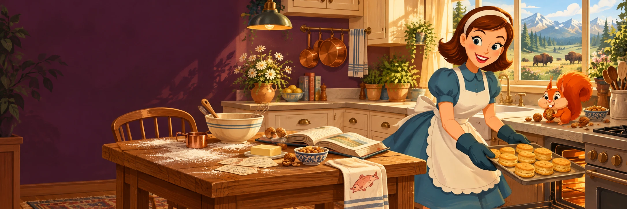 A playful retro kitchen scene, with fresh biscuits and a squirrel beside the nuts